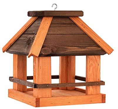 Vogelfutterstation aus Holz - Vogelhaus zum Hängen, Wetterfest - Ideal für Garten und Balkon - Futterhäuschen für Vögel (Braun+Erle)