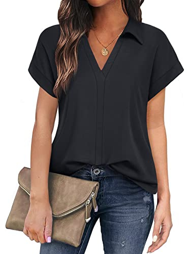 Gaharu Bluse Damen Kurzarm Sommer Oberteile Elegant Business Tunika Shirt Lässig Blusen mit Reverskragen