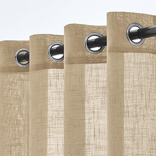 Woaboy Leinen Kruz Gardinen Beige Vorhänge Wohnzimmer Halbtransparent mit Ösen Stores Gardine Leinenoptik Schlafzimmer Modern Ösenvorhang Schlaufengardinen 2er Set 140x145cm (BxH) Beige