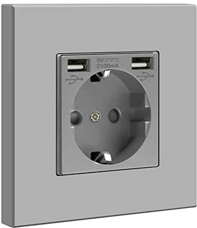 BSEED Enchufe de pared con 2 Puertos USB(Max 2.1A),Gris Schuko Enchufe Simple con Panel de Plastico,toma de corriente con 2 x cargadores USB adecuado para Smartphone,Tablet,para Cocina, Dormitorio