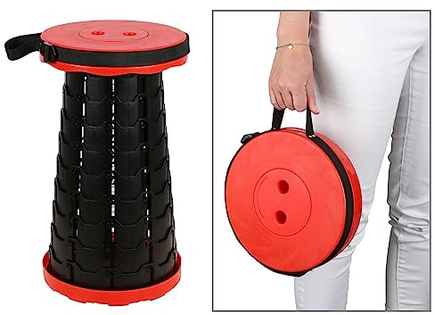 🆄🅽🆂🅴🆁 𝗧𝗜𝗣𝗣: BURI Tragbarer Teleskophocker, einziehbarer Klapphocker für Camping, Garten, Angeln, Wandern, Reisen, Grillen, verstellbare Klapphocker, maximale Traglast 180 kg | Schwarz/Rot