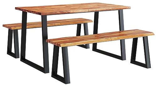 Foknhdi 3-TLG. Essgruppe Akazie Baumkante 140x80 Tisch & 2x140x35 Bänke, Schwarzes Stahlgestell