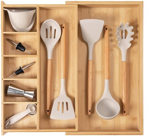Organizador de cajones de cocina ajustable para utensilios y basura, apto para alimentos, grado contractual con madera 100% sostenible, expandible de 10.5 a 19 pulgadas de ancho, bambú natural