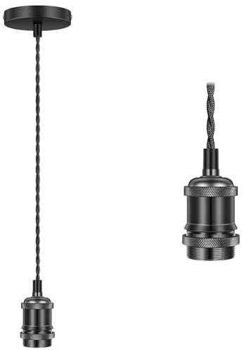 Licperron Vintage Pendant Light Fitting Kit, Braided Flex Ceiling Lamp, E27 Light Fitting Kit - Silver Black. 1pack