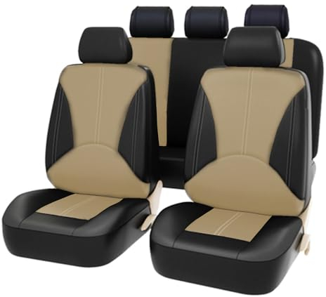 Shkalacar 4 teiliges Autositzbezüge, Universal atmungsaktives PVC Leder Sitzbezüge mit 2 Vordersitzbezüge, 2 Kopfstützenbezüge, Auto Schonbezüge für SUV Fahrzeuge((9 Stück, Beige und Schwarz))