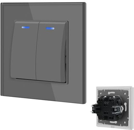 BSEED Interrupteur Va et Vient avec voyant LED,Interrupteur encastrable avec des Griffes,10A 2 Gang 2 Voie Interrupteur à bascule,Interrupteur Mural encastré pour salon, bureau, cuisine-Gris