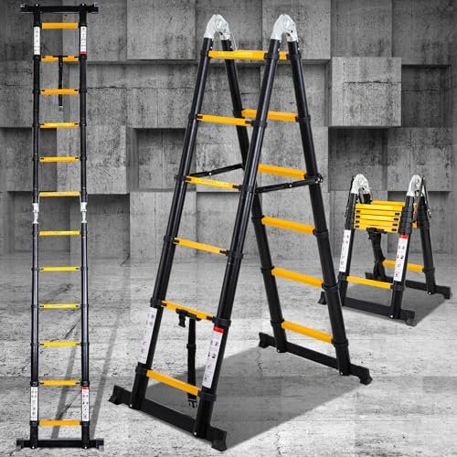 Eulenke teleskopleiter klappleiter 1,9M+1,9M Aluleiter 6+6 Stufen Stehleiter Klappleiter, 150 kg Belastbarkeit, Teleskop Ausziehleiter Haushaltsleiter, Leiter ausziehbar Schwarz Gelb