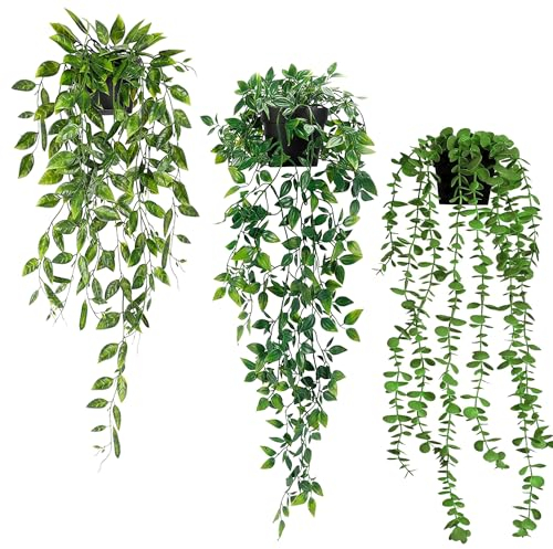 VCANIVR Pianta Artificiale Sospesa, 3 Pezzi Piante Finte da Interno Cadenti, Pianta Finta Cadente con Vaso, Plastica Pianta Artificiale per Esterno Balconi Casa Matrimonio Giardino Decorazione