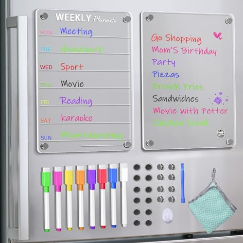 TaoAcc 2 x Magnetic Fridge Planner, A4 Acrylic Magnetic Weekly Plann for Fridge,Children's Family-Planner, Meal Planner Board with 8 Markers, Suitable for Non-Metallic Panels (20 x 30 cm)