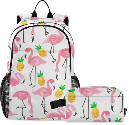 Juego de mochila y lonchera con diseño de flamenco de tinta rosa para adolescentes, mochilas escolares para niñas con lonchera, bolsas de libros para niños con bolsa de almuerzo de 9 a 10 años