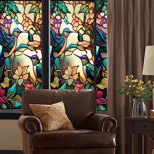 Lidzopas Buntglas-Fensterfolie, Retro, bunt, Kolibri, Blume, nicht klebend, dekorativ, statisch, 60 x 100 cm