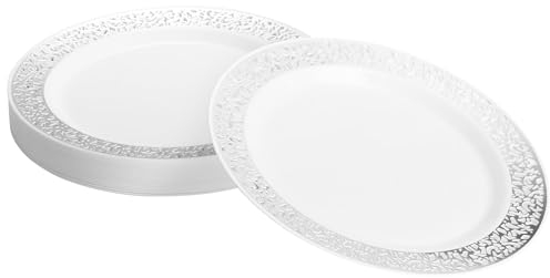 MATANA 40 Premium White Plastic Dessert Plates with Silver Rim, 19cm / 7.5 Inch - Elegant & Reusable Side Plates for Weddings, Birthdays, Picnic, BBQ, Parties