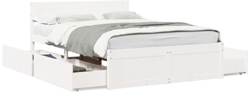 vidaXL Massivholzbett, Holzbett Bett mit Schubladen Kopfteil, Bettgestell Bettrahmen mit Lattenrost, Doppelbett für Schlafzimmer, Weiß 140x190cm Kiefer