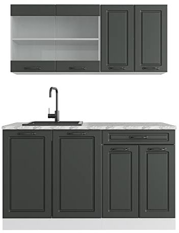 Vicco Singleküche R-Line, Küchenzeile Single, Anthrazit Landhaus/Weiß, 140 cm, AP Marmor