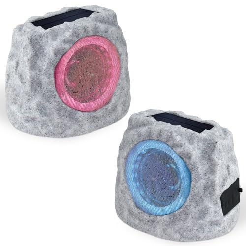 NiceBuy Rock Speakers Outdoor Water-Resistant Solar Powered Patio Speaker with 3 Mode Lights and TWS Pair System and USB Rechargeable for Pool Outside Garden Yard Deck
