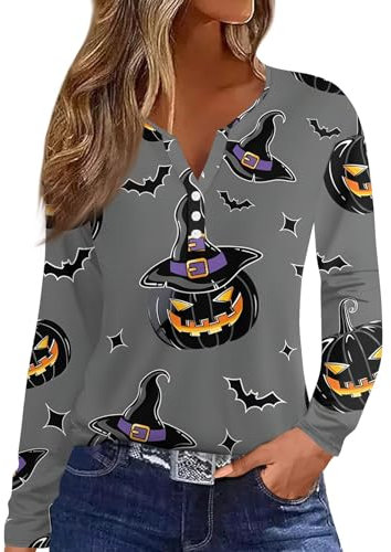 Topassion Longsleeve Blusenshirt Mit Knopfleiste V-Ausschnitt Blumenmuster Langarmshirt Freizeit Blusen & Tuniken Für Damen Elegant Bluse Casual Damenbluse Herbst Frauen Boho Oberteile (Gray,S)