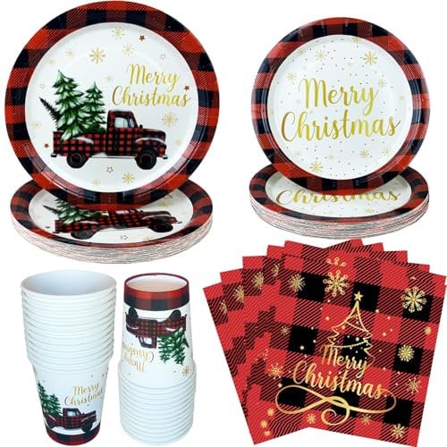 Christmas Party Supplies - 96 PCS Christmas Xmas Disposable Dinnerware Set with Buffalo Plaid Red Truck Tree Paper Plates Napkins Cups for Merry Christmas Holiday Decor Serves 24