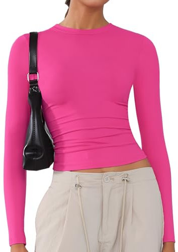 ARCFEETORY Women's Soft Long Sleeve Shirts Crew Neck Tops Basic Tees Stretchy Going Out Crop Tops Y2K Slim Fit T-Shirts Hot Pink S