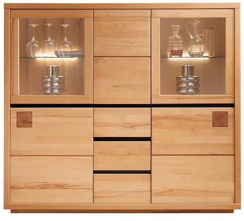 Lomadox Hochkommode 166 cm breit Highboard Kommode Vitrinenschrank Wohnwimmerschrank Schrank Wohnzimmermöbel Buche massiv geölt