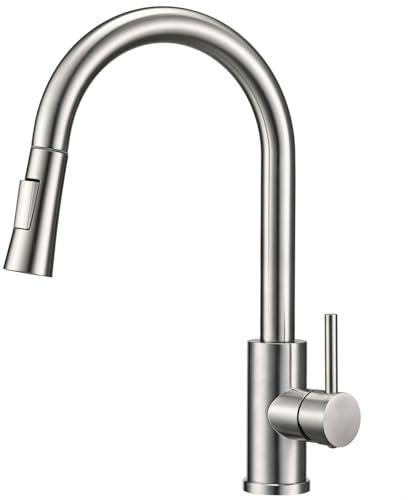 Sistaby Kitchen Tap With Pull Out Hose - Brushed Steel Single Lever Sink Mixer With Spray - Brushed Nickel 1 Hole Stainless Steel Faucet