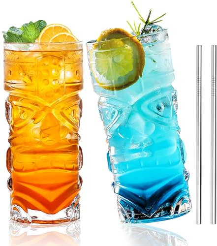INFTYLE Plastic Tiki Cups 18 Oz, Clear Tiki Glasses Modern Bar Tiki Mug 2 Pack,Hawaiian Party Drinking Tumblers for Cocktails, Lemonade, Mixed Drinks, Picnic, Restaurant Supplies