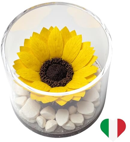 Premium-rose.com Box Tondo con Girasole Stabilizzata e Marmo di Carrara, Idea Regalo Unica e Raffinata, Idea Regalo per lei, Natale, Cubo Rosa Fucsia, Fatta in Italia (Girasole 1999)