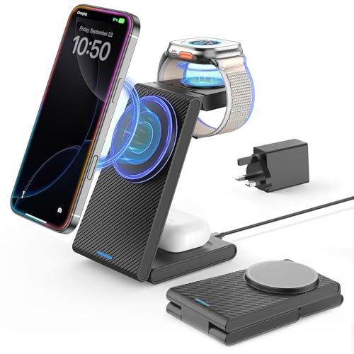 CIYOYO 3 in 1 Wireless Charging Station for iPhone, Foldable Magnetic Wireless Charger for Apple Devices, Compatible with iPhone 16/15/14/13/12, Apple Watch 10/9/8/7/6/5, AirPods 4/3/2/Pro