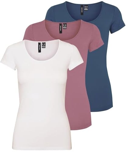 VERO MODA Damen VMMAXI My Soft SS U-Neck GA 3Pack, Vintage Indigo, Mesa Rose, White Alyssum, M
