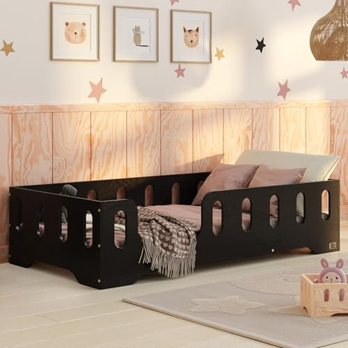 smartwood Kinderbett Bodenbett 80x160 mit Rausfallschutz & Lattenrost - Schwarz - Kinder Montessori Bett TILA 2L mit glatten Kanten - Betten für schnelle Montage - Bis 230 kg belastbar