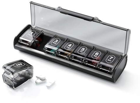 Glosen Pastillero Semanal 7 Días, Pastillero Grande con 7 Compartimentos Desmontables, Pastillero de Viaje, Pastilleros Semanales 1 toma, Pill Box para Vitaminas, Medicamentos y Suplementos (Negro)