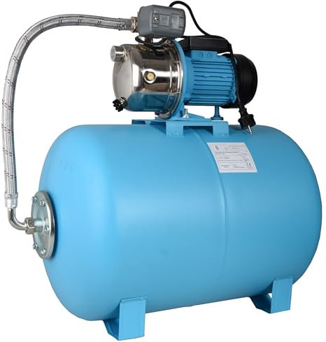 Hauswasserwerk JS 1100 - Pumpe zur Hauswasserversorgung mit 100L Tank - Edelstahl INOX - Wasserpumpe (3600l/h, 1100W, Förderhöhe 50m) - Druckschalter Manometer - Gartenpumpe Druckkessel 100 Liter
