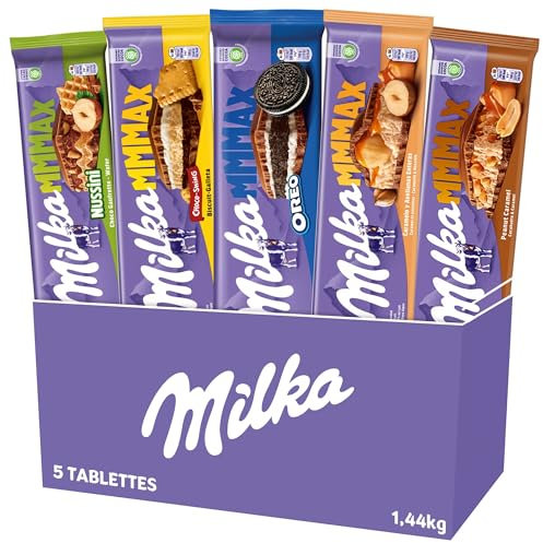 MILKA MMMAX - Lot de 5 Tablettes de Chocolat - 5 Recettes : Nussini, Choco-swing, Oreo, Caramel et Noisettes Entières, Cacahuètes Caramel - Lot de 1,44kg
