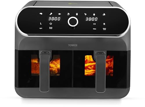 Tower T17195 Elite Dual Basket Air Fryer with Digital Control Panel and Viewing Windows, Match Cook & Sync Finish Functions, 8 Cooking Presets, Vortx Technology, 8L, 1700W, Graphite