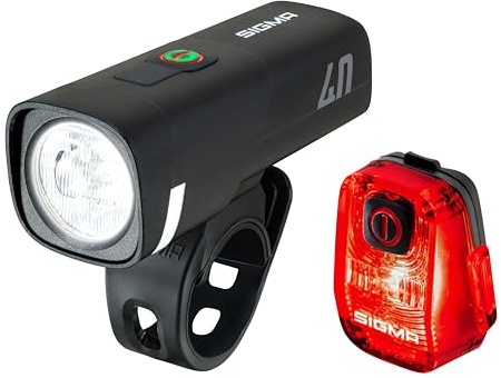 SIGMA LED Fahrradlicht Set Aura 40/ Hiro 10 | StVZO zugelassenes, akkubetriebenes Vorderlicht und Rücklicht | wetterfestes, wiederaufladbares Beleuchtungsset mit USB-C