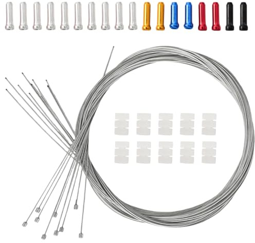 10 Câble de Dérailleur Vélo 2 m, 1,2 mm en Acier, Câble de Changement de Vitesse de Vélo avec 10 Embouts Argentés, 8 Embouts Colorés et 10 Joints Toriques Silicone, Universel VTT, Vélo Route, Pliant e