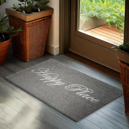 BRUBAKER Fußmatte für Außen und Innen - Happy Place - 45 x 75 cm | Kokos Schmutzfangmatte - Antirutsch Fußabtreter mit Glitzer Schrift - Wetterfest & Rutschfest - Türmatte für Haustür - Grau