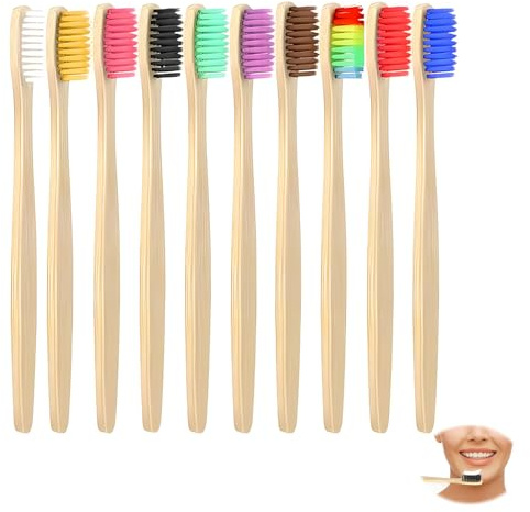 10 Pack Bambus Zahnbürsten Weich, Natrliches Holzzahnbrste Bambus-Kohlefaser-Borsten für Beste Sauberkeit Holzzahnbürsten-Familienset (10 Farben)