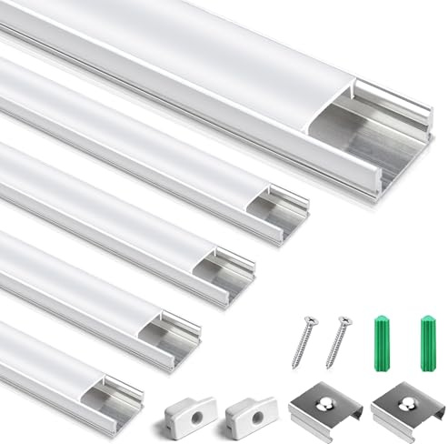 ROLANCHE 5er-Set LED Aluminium Profil, silberner U-förmiger LED-Aluminiumkanal mit milchig-weißer Abdeckung, Endkappen und Montageclips, Aluminium-Extrusionsprofil für LED-Streifen U02