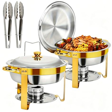 Chafing Dish Buffet Set 4.5L, Stainless Steel Food Warmer with Lid Holder | Gold & Silver Finish, Hot & Cold Use, for Buffet Servers, Parties, Weddings, Catering, Easy Assembly, Dishwasher-Safe