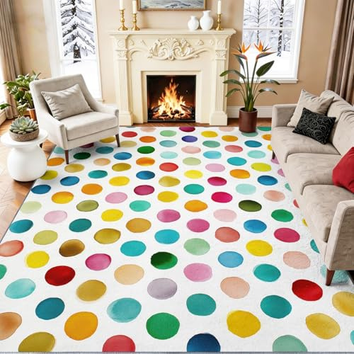 Schalldämmung bedruckter Teppich 160x230cm, rutschfest waschbar und schmutzabweisend Mehrfarbig, Teppich für Wohnzimmer, Schlafzimmer und Esszimmer Aquarell Einfach Tupfen