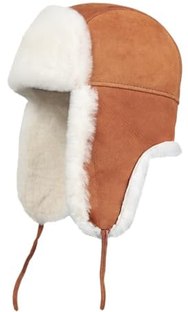 Zavelio Fliegermütze aus Echtem Lammfell & Leder - Unisex Wintermütze Warm Gefüttert - Uschanka Russenmütze für Damen & Herren - Trapper Mütze, Cognac, XXL