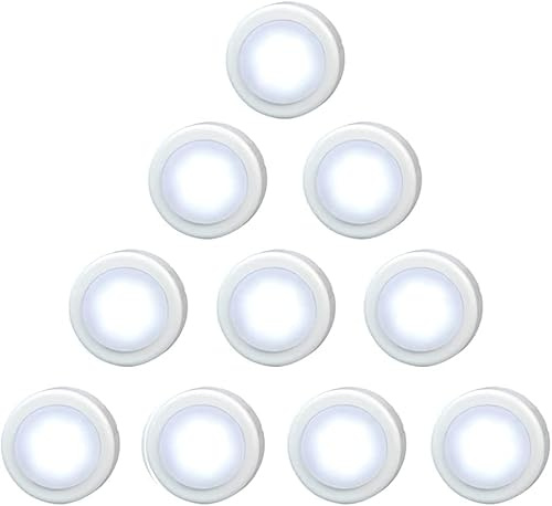 WRalwaysLX 10 Pack LED Cabinet Push Light, Operates On 3x1.5V AAA Batteries (Not Included) for Kitchen Under Cabinet Lighting, Closets, Cabinets, Counters