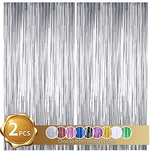 BEISHIDA 2 Stück Folien Fransenvorhänge, Silber Lametta Vorhänge, Foto Hintergrund für Hochzeit, Verlobung, Brautparty, Geburtstag, Bachelorette, Party, Bühnendekoration(3,28 ft x 6,56 ft)