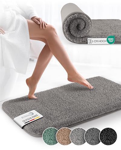 Beautissu Badematte rutschfest 120x70 cm – Duschvorleger Hochflor Badteppich rutschfest Waschbar Shaggy Optik – Flauschig Badvorleger Dusche Badezimmerteppich Groß – Badematte Grau BeauMare FL