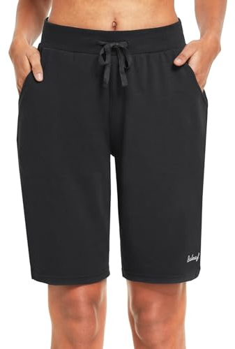 baleaf Damen Bermuda Shorts Baumwolle Sporthose Kurz Knielang Sweathose Sommerhose mit Taschen 10 Activewear Hosen Loose Casual Freizeit Schwarz M