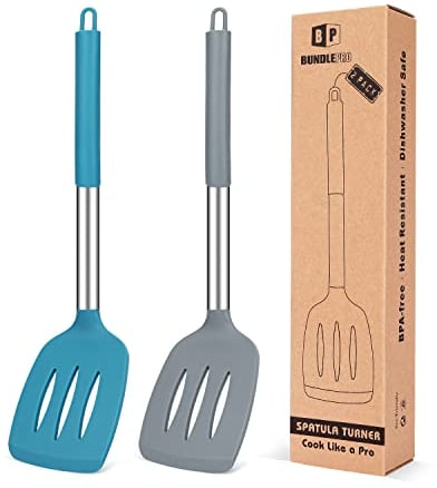 Pack of 2 Silicone Slotted Spatula,Non Stick Kitchen Turner,High Heat Resistant BPA Free Cooking Utensils for Frying Fish,Eggs, Meat,French Fries (Gray-Blue)