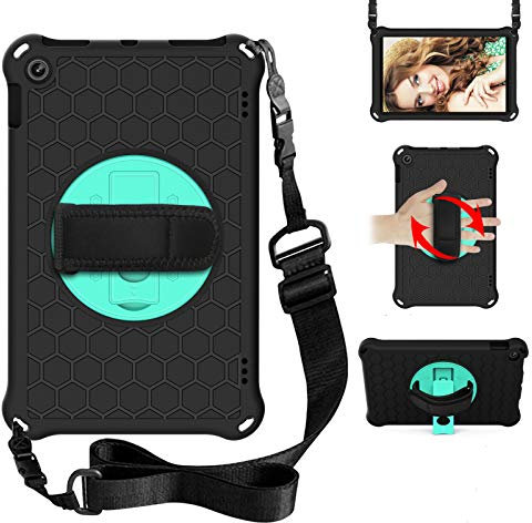 BAUBEY Case for All-New Amazon Fire HD 10 Tablet (9th/7th/5th Generation,2019/2017/2015), Hand Strap,Shoulder Strap Kickstand Rugged Shockproof Silicone Stand Cover (Black+Aqua)