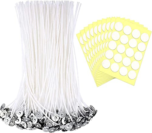 HEMOER 200 Pcs Candle Wicks for Making Candles, 15cm Natural Cotton Low Smoke Pre-Waxed Wax Wicks with 200Pcs Glue Dots Wick Stickers for DIY Candles