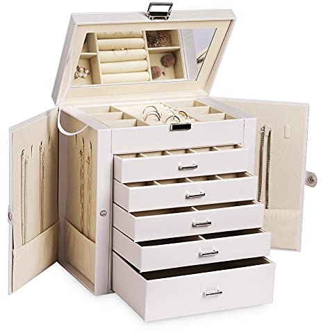 Frebeauty Large Jewelry Box,6-Tier PU Leather Jewelry Organizer with Lock,Multi-functional Storage Case with Mirror,Accessories Holder with 5 Drawers for Earrings Necklace Bracelets (Pearl White)