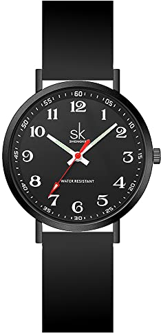 SHENGKE Fashion Schrubben Damen Sportuhr mit leicht ablesbarem Zifferblatt, arabischer Nummer und Silikonband, wasserdicht (All Black)